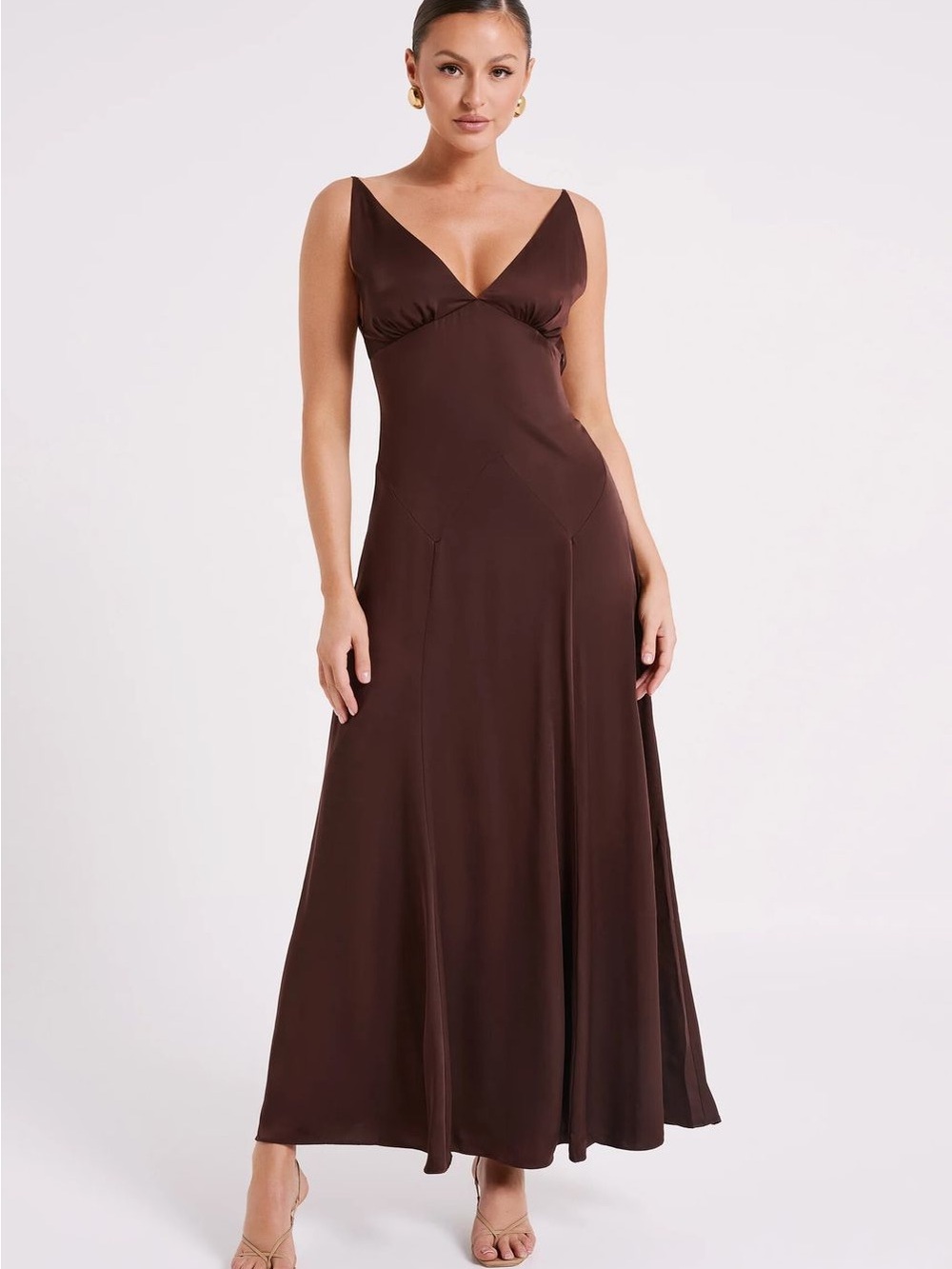 Meshki Dark Chocolate Satin V-Neck Maxi Dress